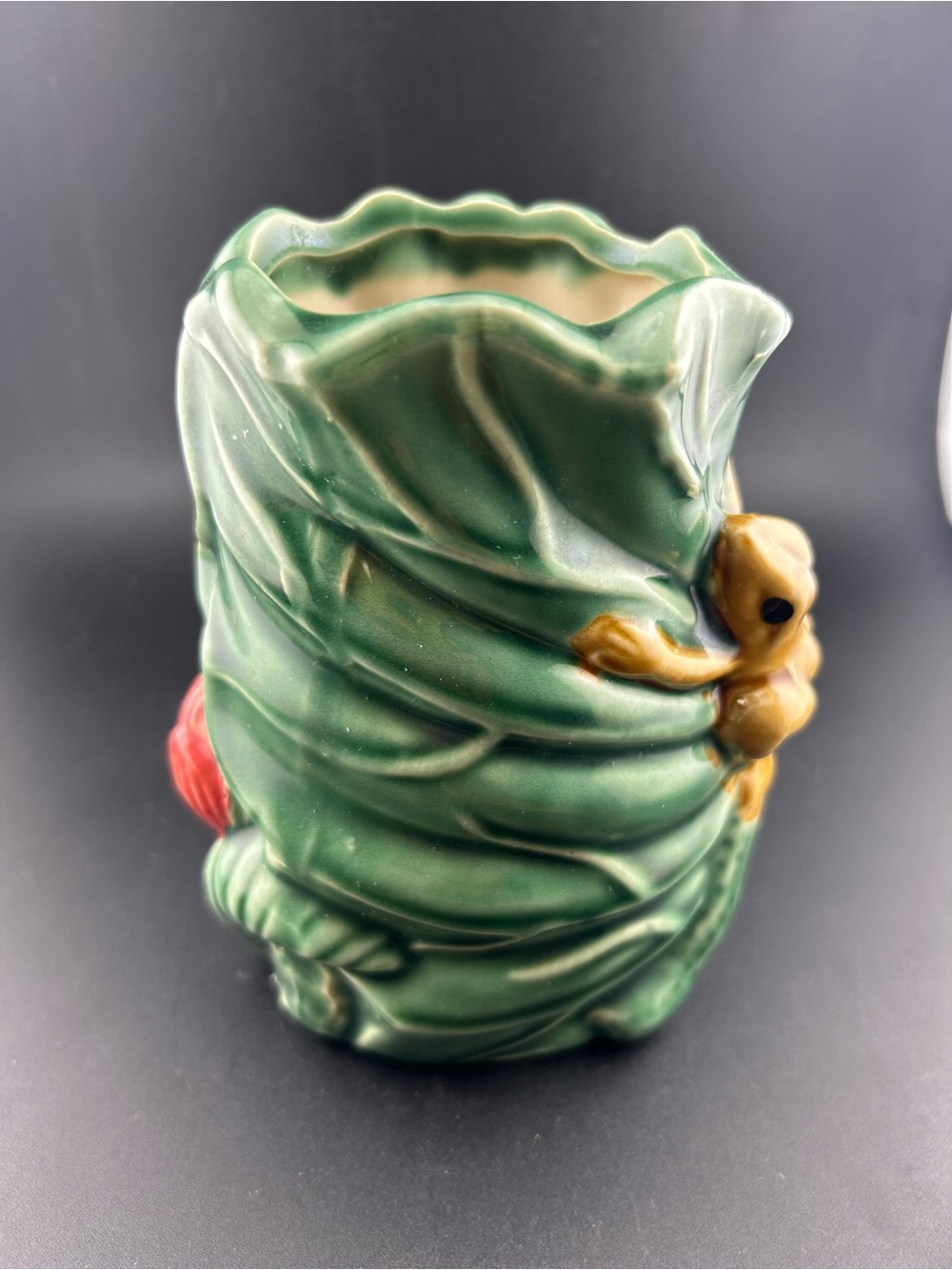 Vintage Majolica Style Frog and Green Leaf Ceramic Vase Whimsical Vintage